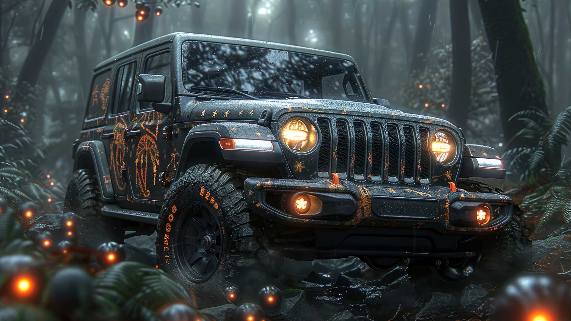 Custom Jeep car wrap in matte green driving through woods – Craftsman Wrap and Tint Buena Park